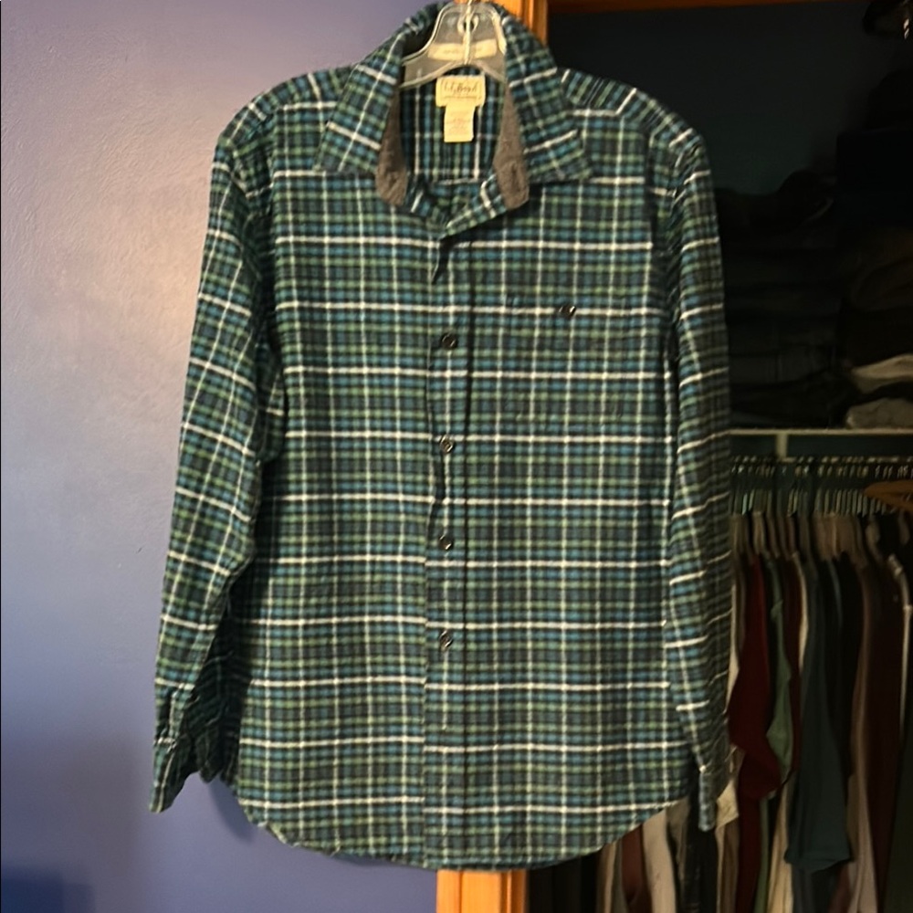 L.L. Bean Green and Blue Flannel Button Down Shirt